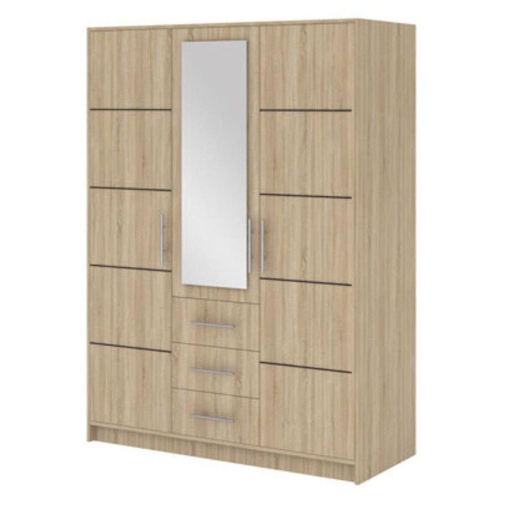 Drehtürenschrank BALI D3 - 150 cm Kleiderschrank mit 3 Türen, Spiegel und 3 Schubladen, Eiche Sonoma