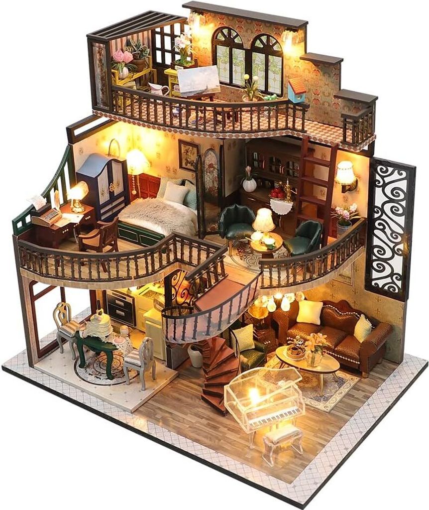 Puppenhaus-Miniatur mit Möbeln, Idee DIY Puppenhaus-Bausatz aus Holz mit LED