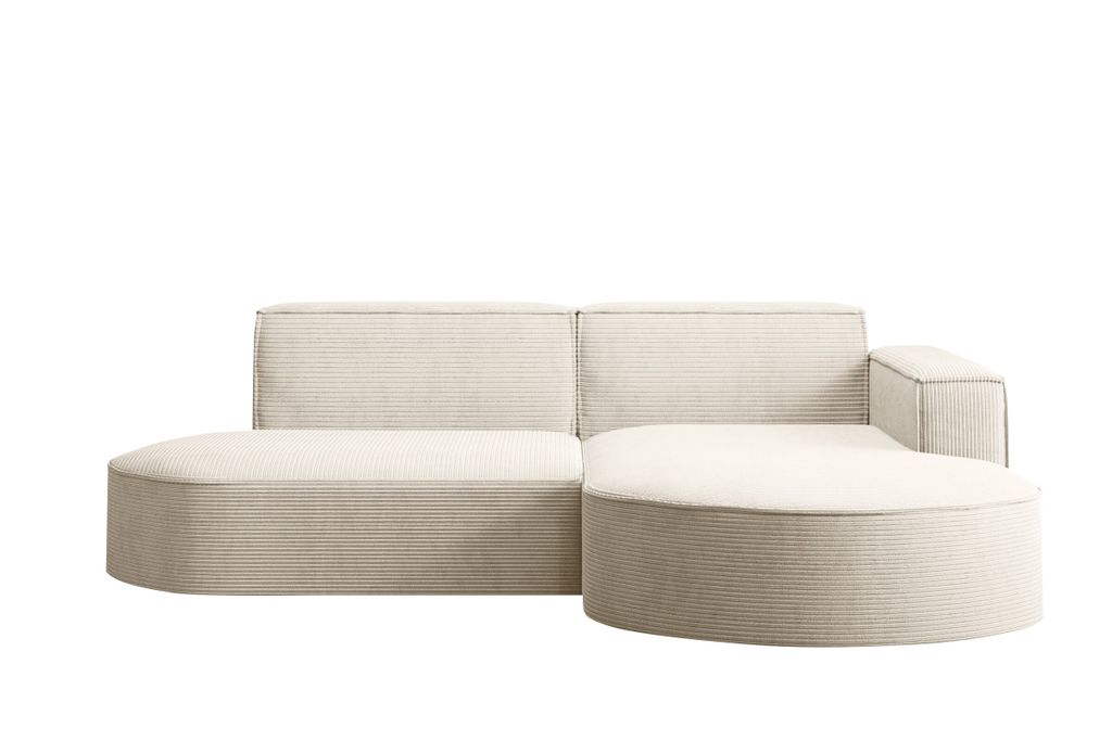 A modern cream-colored sectional sofa with a corduroy texture is shown against a white background.