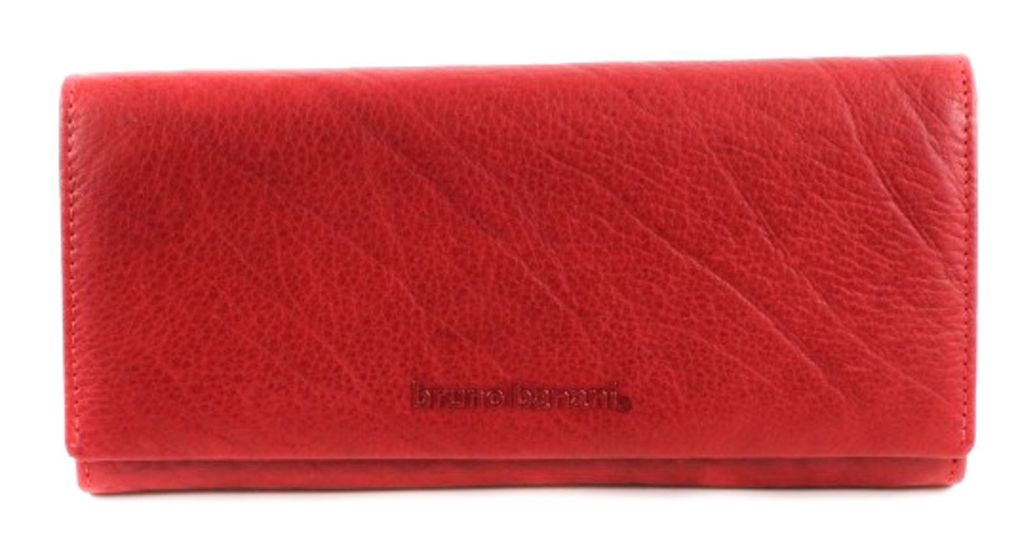 A red leather wallet is shown against a white background.