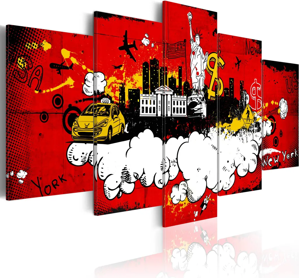 Quadro NYC Statua della Libertà e Taxi - Arte Murale 150x75 5 Pezzi