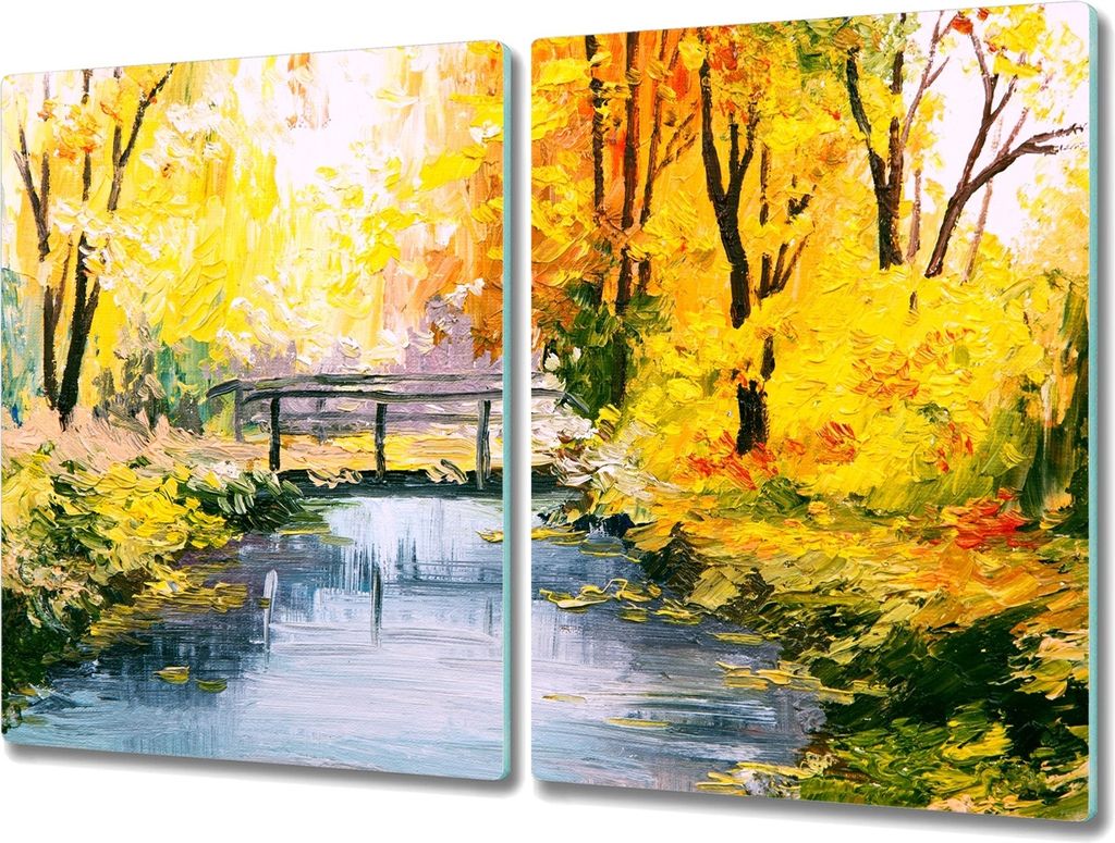 Coloray Herdabdeckplatte 2x40x52 cm Schneidebrett Kochplattenabdeckung Küchenbrett Hackbrett - Wald-Fluss-Brücke Natur