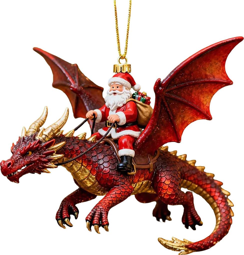 Weihnachtsmann reitet auf einem Drachen – Fantasievolle Weihnachtsdekoration aus Acryl, 2D, zum Aufhängen, für Weihnachtsbaum, Auto, Fenster, G...