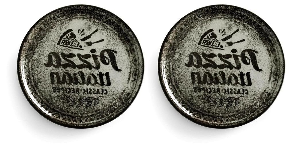Pizzateller aus Porzellan mit Pizza-Illustration, geeignet für Geschirrspüler und Mikrowelle, 330mm, schwarz (2er-Pack)