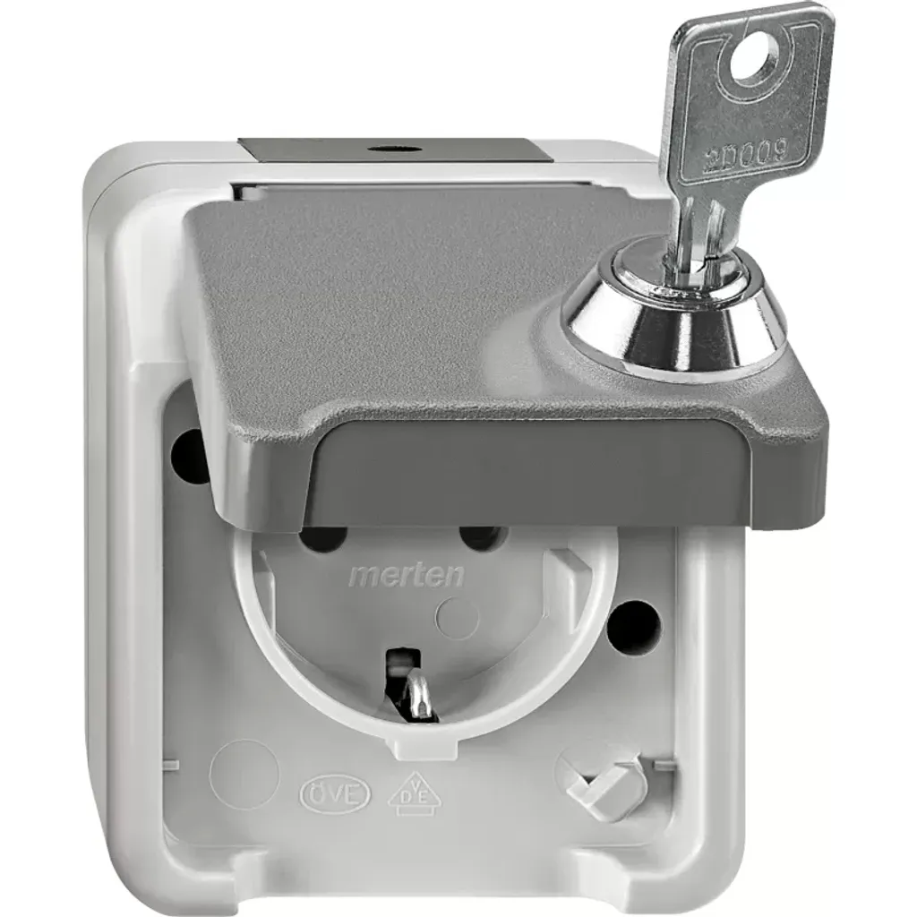 Prise Merten AQUASTAR grise verrouillable anti-contact accidentel 16A