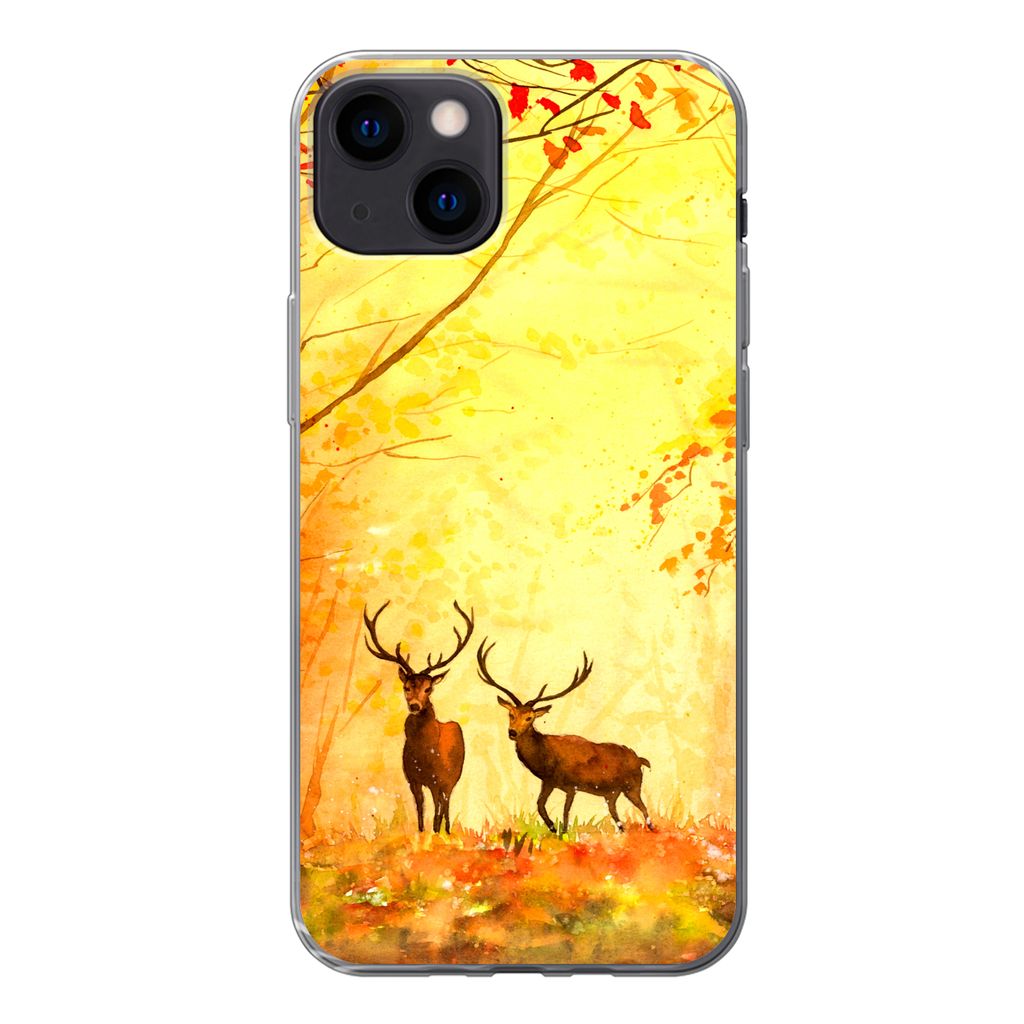 MuchoWow Handyhülle Schutzhülle Hülle für iPhone 13 Natur - Ölfarbe - Hirsche - Tiere - Herbst - Orange Silikon Softcase Handy Hülle - Kart...