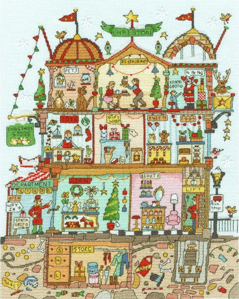 Point de Croix Cut Thru Weihnachtskaufhaus XCT38 Toile Aida 14ct 26x34cm