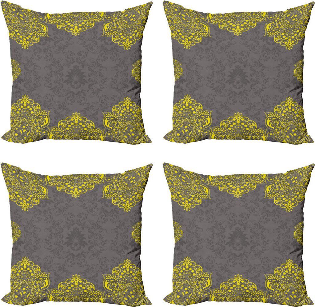 ABAKUHAUS Grau und Gelb Kissenbezug Set (4 Stück), Gelb Grau Florals, Moderner Doppelseitiger Digitaldruck, 45 cm x 45 cm, grau Gelb
