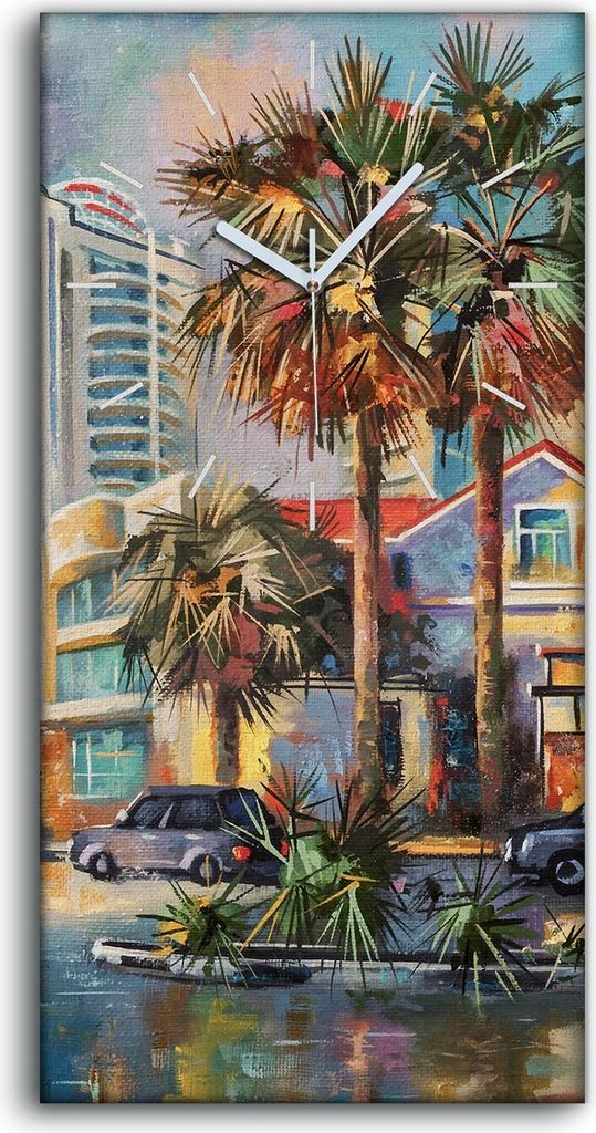Wandbild Leinwand Bilder mit Uhr Quarz 30x60 Sochi Stadt Palme Straße Autos - weiße Hände