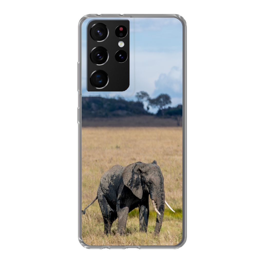 MuchoWow Handyhülle Schutzhülle Hülle für Samsung Galaxy S21 Ultra Elefant - Gras - Tiere - Natur Silikon Softcase Handy Hülle - Mobiltelefon