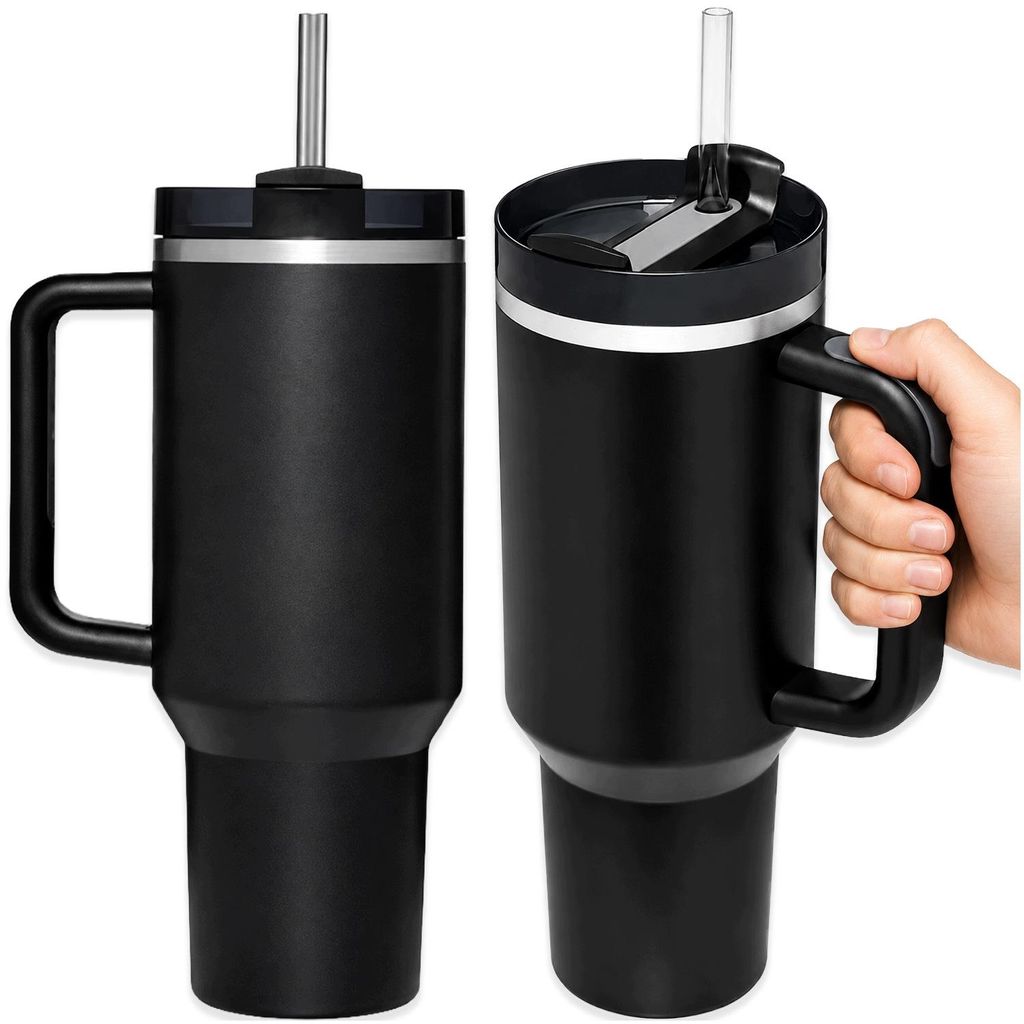 Thermobecher 1,2 L mit Strohhalm Griff Deckel Edelstahl Produktbild 