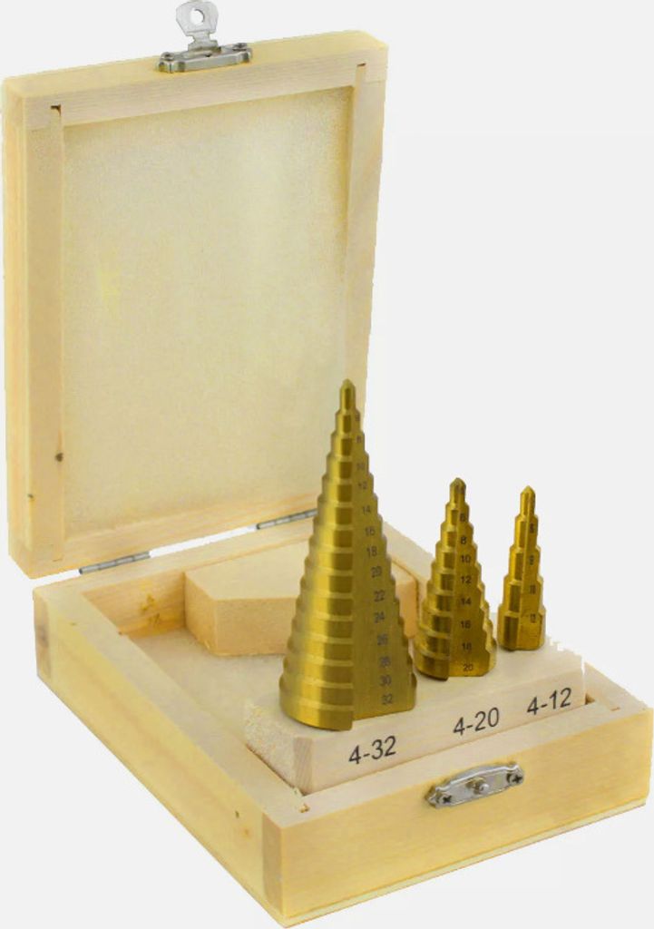 HSS Stufenbohrer Set Schälbohrer Konus Kegelbohrer Gold 4-32 3 tlg (WIER-S-HSS-3)