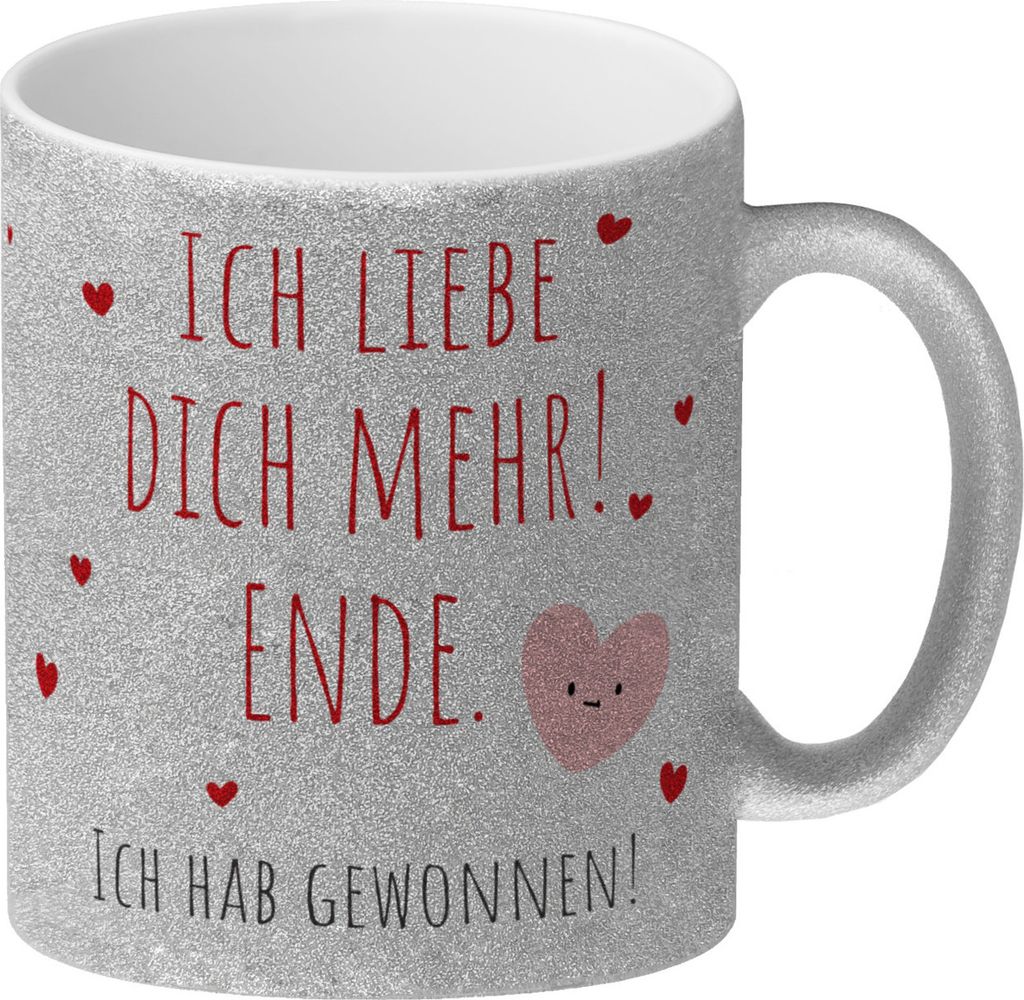 Herzen Glitzer-Kaffeebecher mit Spruch Ich liebe dich mehr! Ende.
