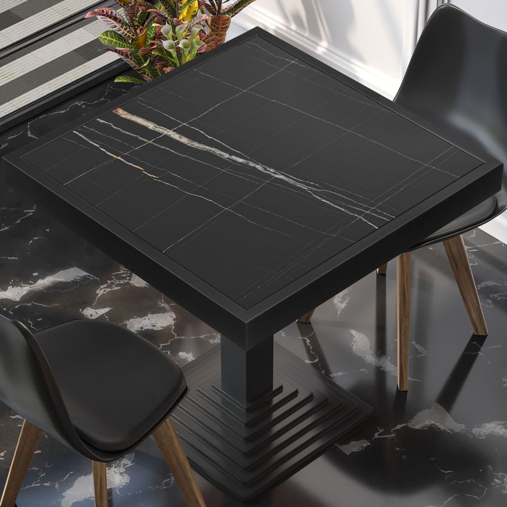 BRASIL | Gastro Tischplatte | B:T 50 x 50 cm | Schwarz Marmor | Schwarzer Metall Rand | Quadratisch | Gastro Tischplatte