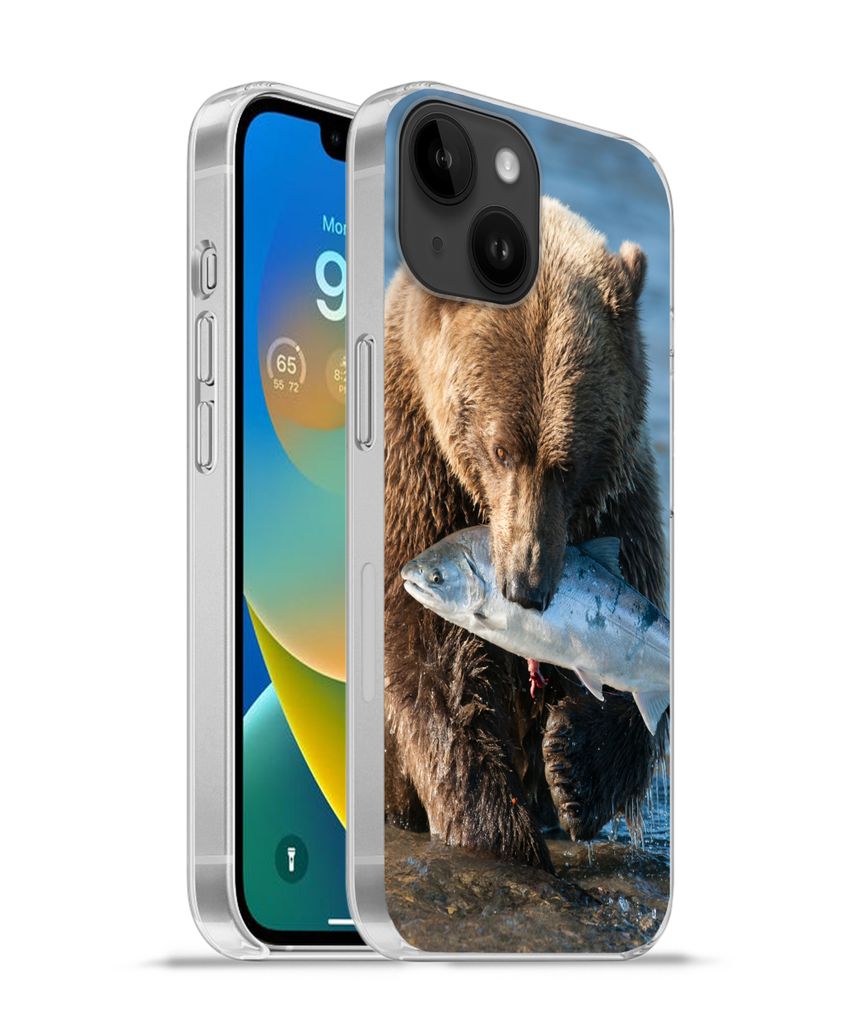 MuchoWow Handyhülle Schutzhülle Hülle für Apple iPhone 14 - Softcase Bär - Braun - Fisch Silikon Softcase Handy Hülle - Mobiltelefonhülle