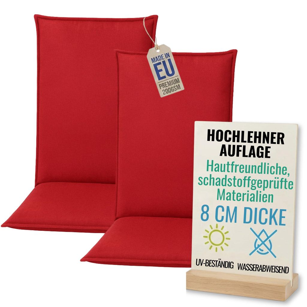 Pillows24 - 2x Hochlehner Auflagen 120x50x8 cm | Bequeme & Wetterfeste Gartenstuhlauflagen | Polster Sitzkissen für Gartenmöbel | EU | Rot