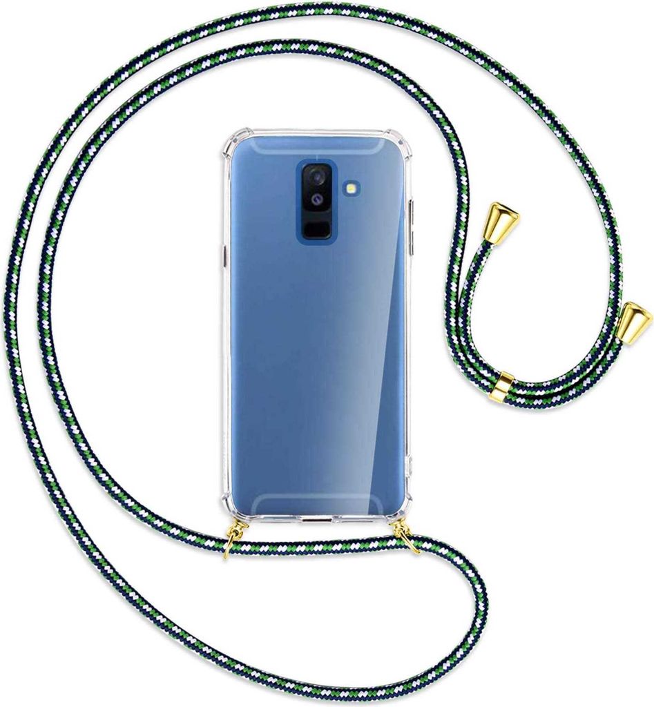 Handykette Backcover-Schutzhülle mit Band (Metall goldfarben) für Samsung Galaxy A6 Plus 2018 / J8 - grün/blau/weiß