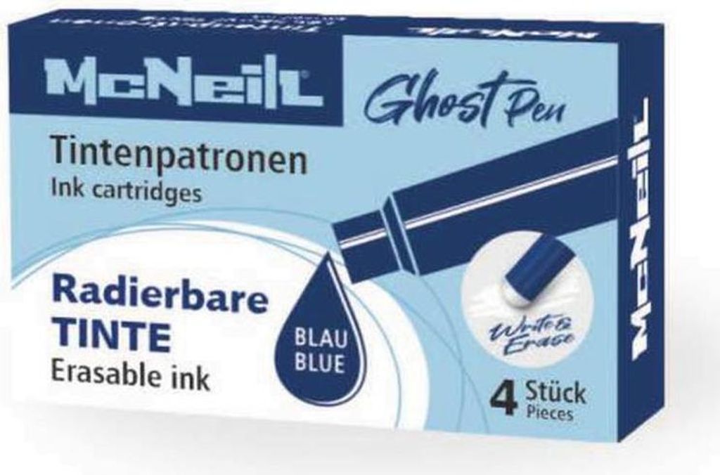 McNeill - Ghost Pen Tintenpatronen - 4er Pack blau - thermisch radierbare Tinte für Ghost Pen Füllhalter | Ersatzpatronen in verschiedenen Farben...
