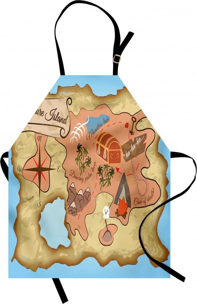 ABAKUHAUS Inselkarte Kochschürze, Alte Schatz-Karte des tropischen Strandes mit Kasten-Schlüssel-mystischem Weltthema, Farbfest Höhenverstellbar...