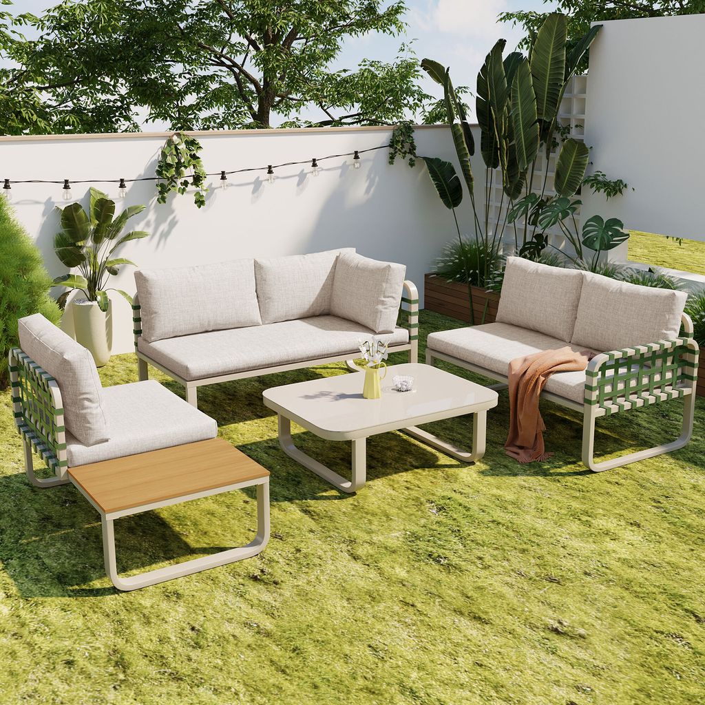 Garten Lounge Set, Grünes Lederrattan, Modernes Outdoor Sofa Set mit 2 Doppelsofas, Einzelsofa & Glas Tisch, inkl. Kissen, für Garten