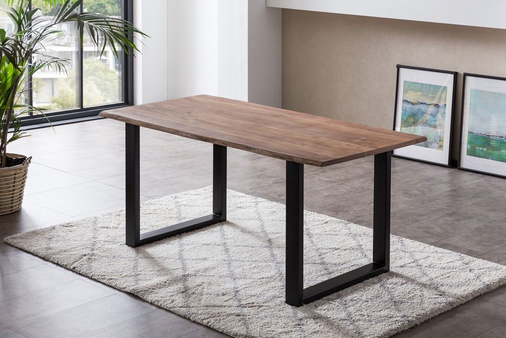 Esstisch Baumkante massiv 160 x 85 cm Akazie stone U-Gestell schwarz LAURINA