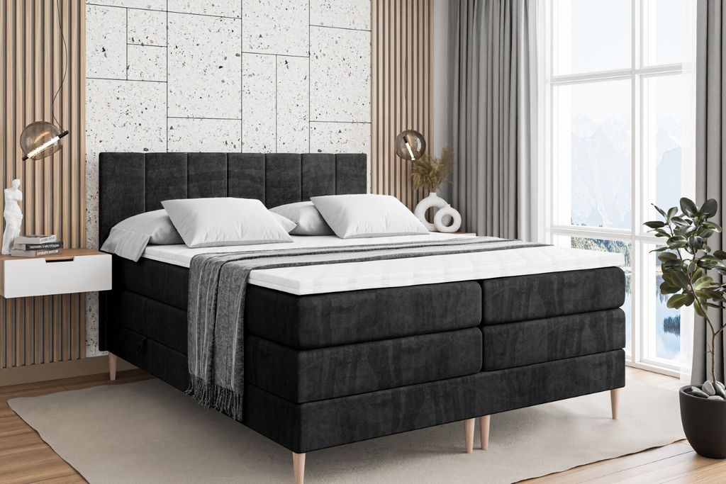 ALTDECOR Boxspringbett mit Holz Füßen, Matratze und Lattenrost, Topper, Polsterbett mit Bettkasten, Bett mit Stauraum H3- und H4- Matratze, Doppe...