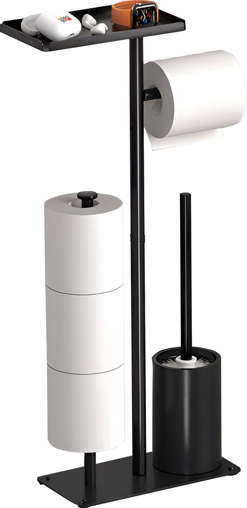 Toilettenpapierhalter, 4-in-1 WC-Rollenhalter, stehender Ersatzrollenhalt, integrierter Toilettenpapierhalter mit offenem WC-Bürstenhalter und Tab...