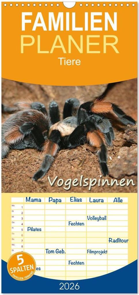 Familienplaner 2026 - Vogelspinnen mit 5 Spalten (Wandkalender, 21 x 45 cm) CALVENDO