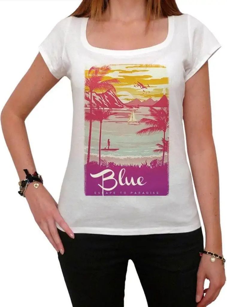 Damen Grafik T-Shirt Blaue Flucht ins Paradies – Blue Escape To Paradise – Öko-Verantwortlich Vintage Jahrgang Kurzarm Lustige Druck Geburtstag