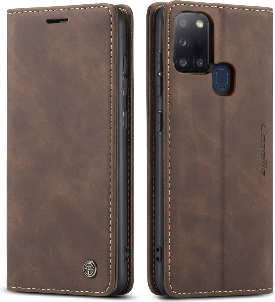 Samsung Galaxy A21S Hülle, LaimTop Retro Kunstledertasche mit Standfunktion Schutzhülle für Samsung Galaxy A21S Kaffee
