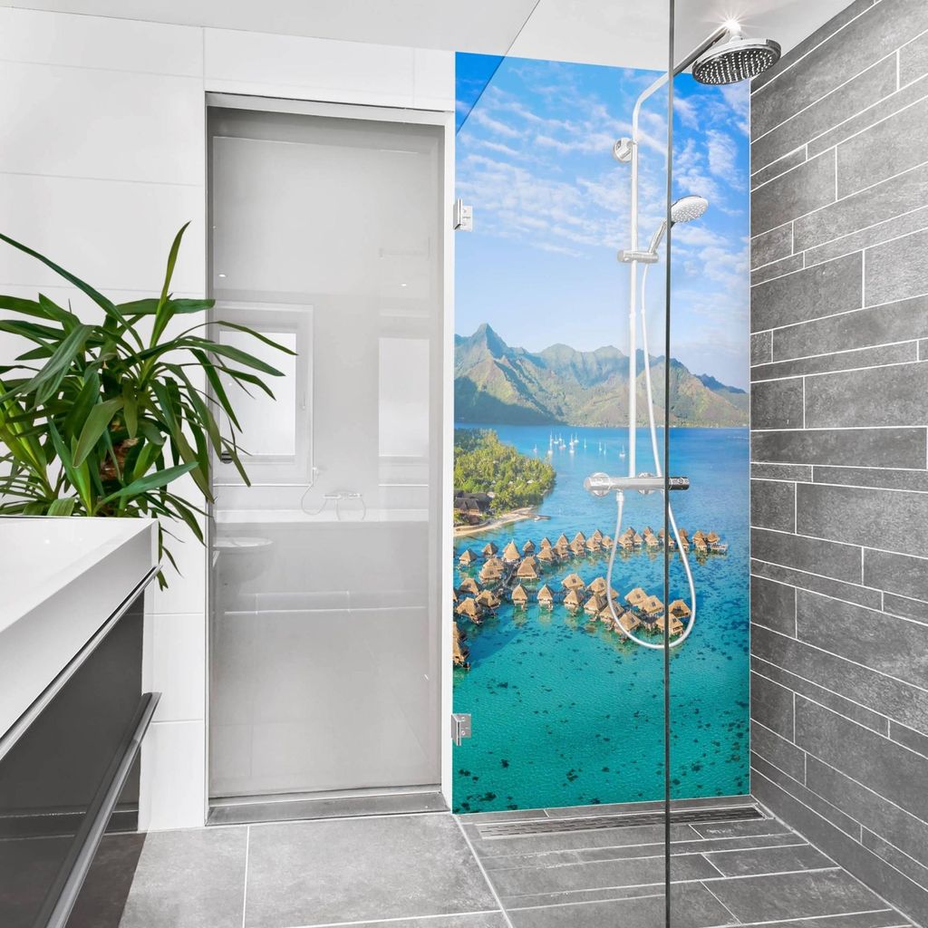 Duschrückwand Strand selbstklebend - 0.61 mm Wandpaneel wasserfest Karibik türkis Tropisch Badrückwand fugenlos Premium matt 100x210 cm