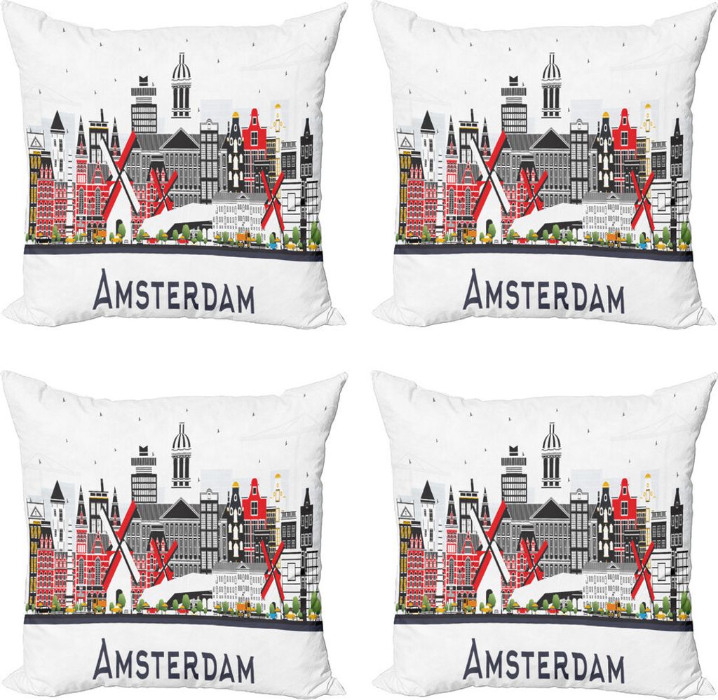 ABAKUHAUS Amsterdam Kissenbezug Set (4 Stück), Reise Spots Holland Stadt, Moderner Doppelseitiger Digitaldruck, 50 cm x 50 cm, Vermilion Weiß