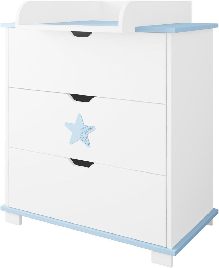ZEE STAR Wickelkommode B:83 H:87 T:49 cm Weiß Blau Stern 3 Schubladen Abnehmbarer Wickelaufsatz z Babykommode Skandinavisches Design