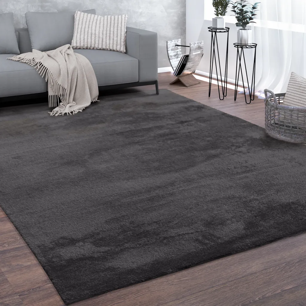 Grand tapis de séjour moderne lavable à poils ras doux et uni gris anthracite