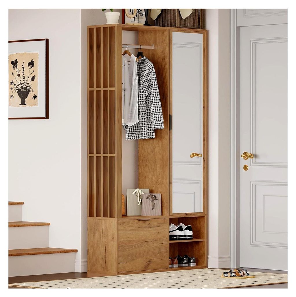 Garderobenset für den Flur mit Spiegel, kompakte 6-in-1-Garderobe mit Kleiderstange und Klapptür, Eingangsschrank mit 9 Stauraumfächern, Spanpla...