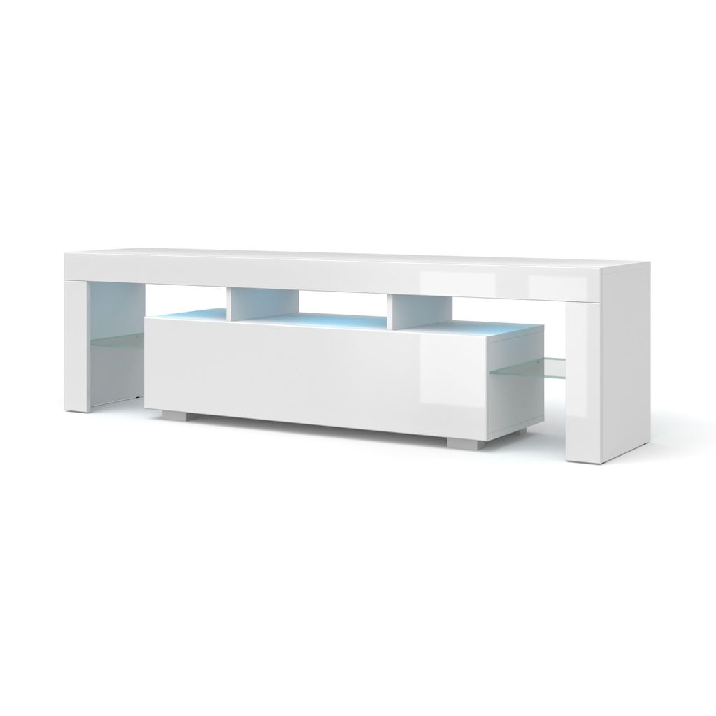 TV-Schrank 160 cm WEIß MATT (Körper), WEIß GLANZ (Fronten) + LED Beleuchtung