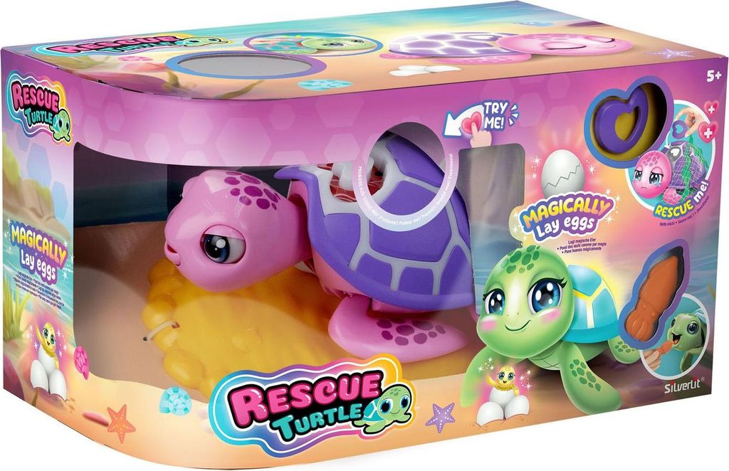 The product is a toy turtle in its packaging, with illustrations of turtles and beach scenery.
