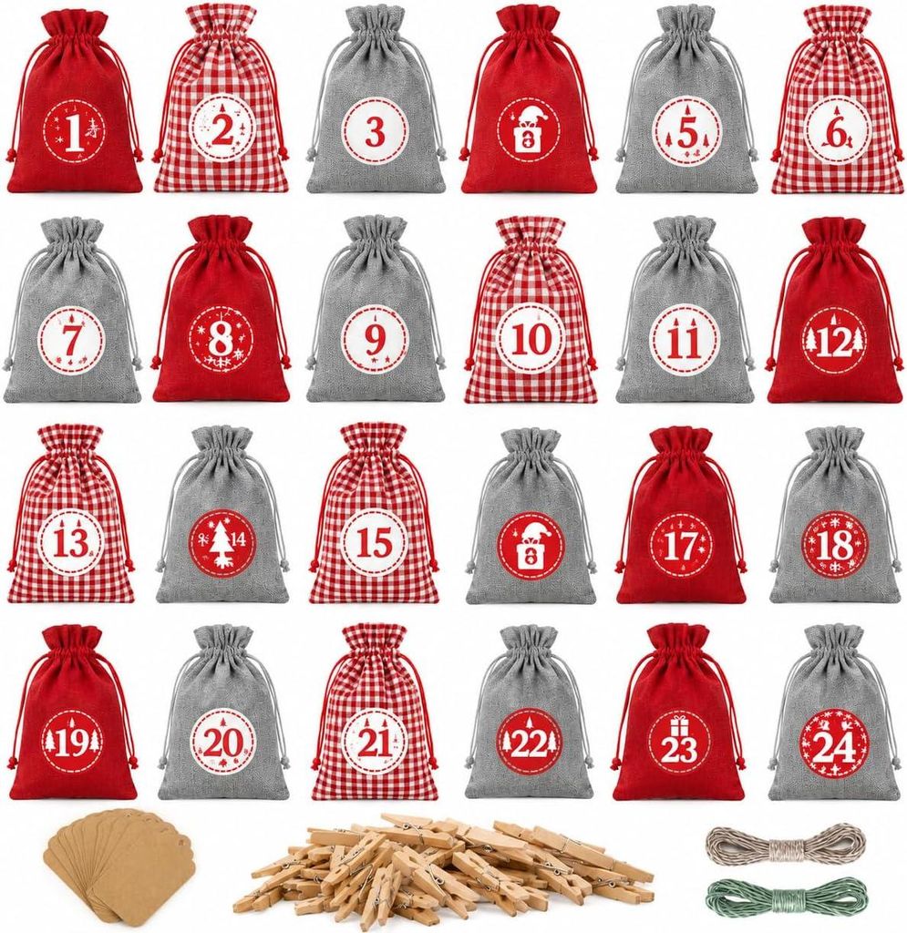 24 stuks adventskalender zakjes om te vullen, Productafbeelding 