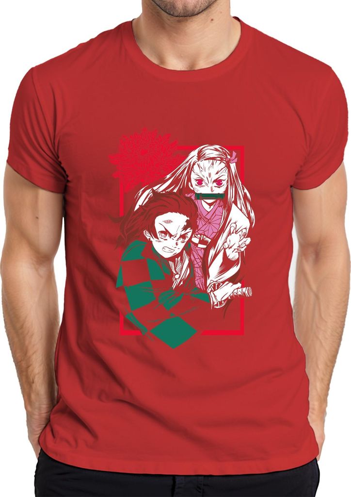 Kimetsu No Yaiba Tanjiro Nezuko Anime Dämonenjäger Katana Fan Herren T-Shirt, Rot, S
