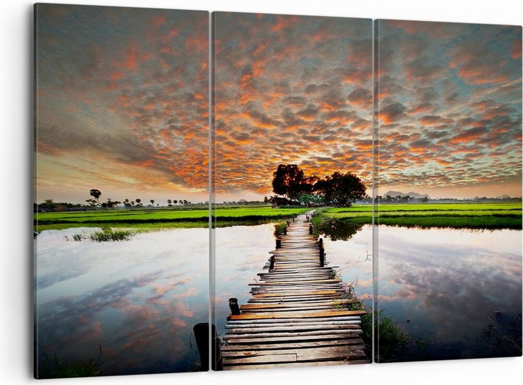 Bild auf Leinwand - Leinwandbild - Asien brücke see natur - 105x70cm - Wand Bild - Wanddeko - Leinwanddruck - Bilder - Kunstdruck - Wanddekoration...