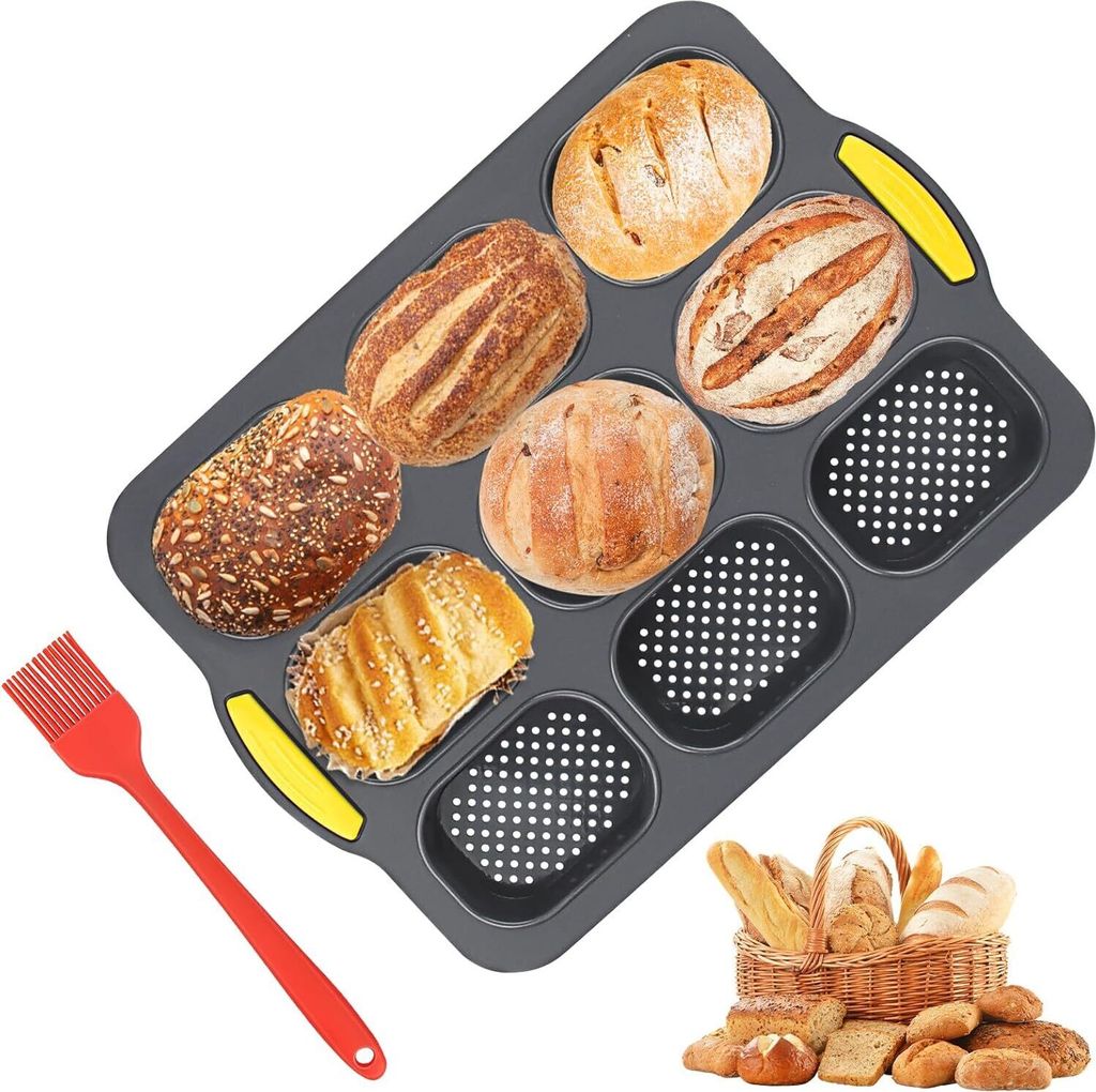 Backform Brötchen Silikon – Baguette Brotbackform mit 9 Löchern, Antihaft Silikon, Schwarz