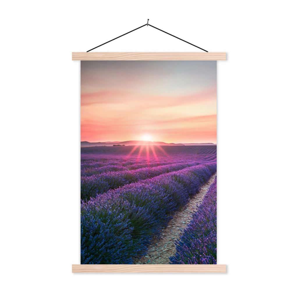 MuchoWow Textilposter Lavendel - Lila - Blumen - Himmel 40x60 cm mit holzfarbenen Rahmen - Poster