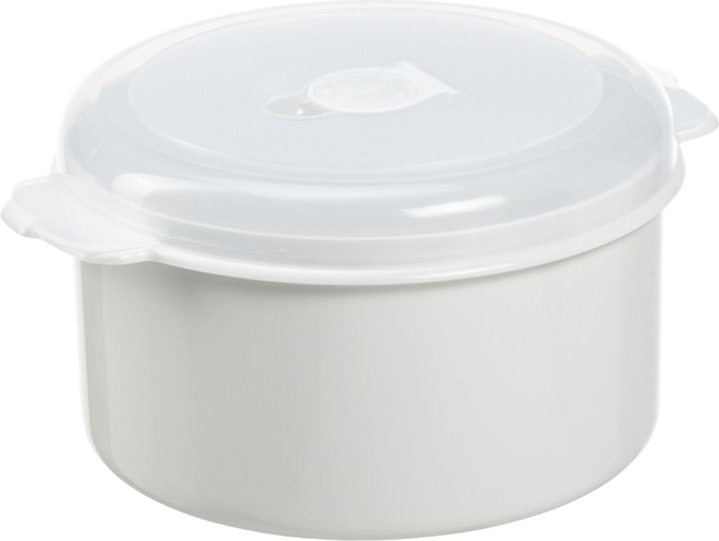 A white round container with a transparent lid.
