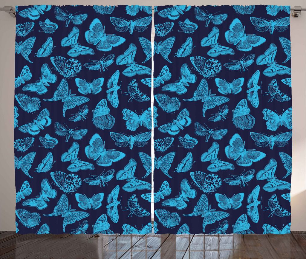 ABAKUHAUS Blau Rustikaler Gardine, Hand gezeichnete Schmetterlinge, Schlafzimmer Kräuselband Vorhang mit Schlaufen und Haken, 280 x 175 cm, Hellbl...