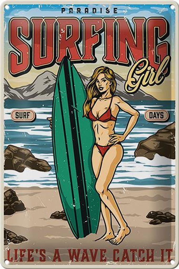 Blechschild Pinup 20x30cm Surfing Girl Paradise Sommer