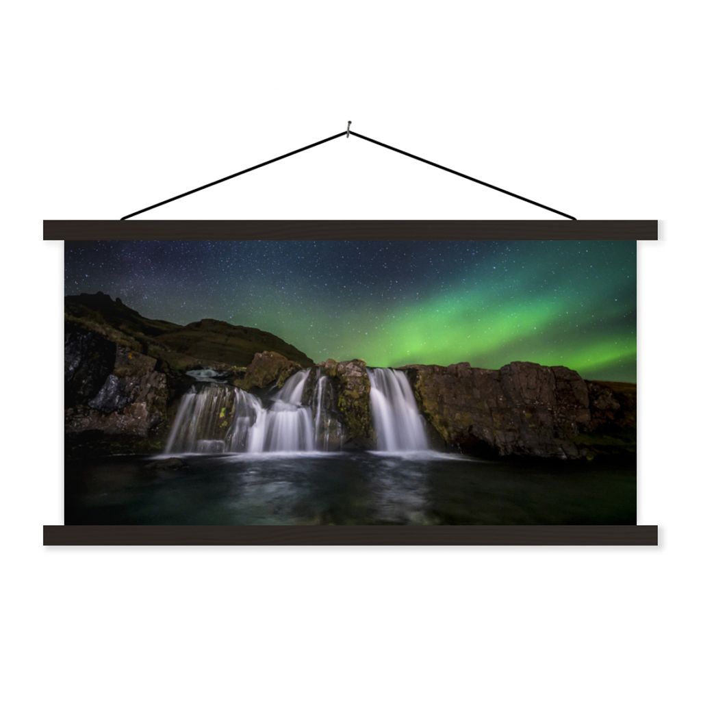 MuchoWow Textilposter Nordlicht - Wasserfall - Island - Natur 60x30 cm mit schwarzem Rahmen - Textilien