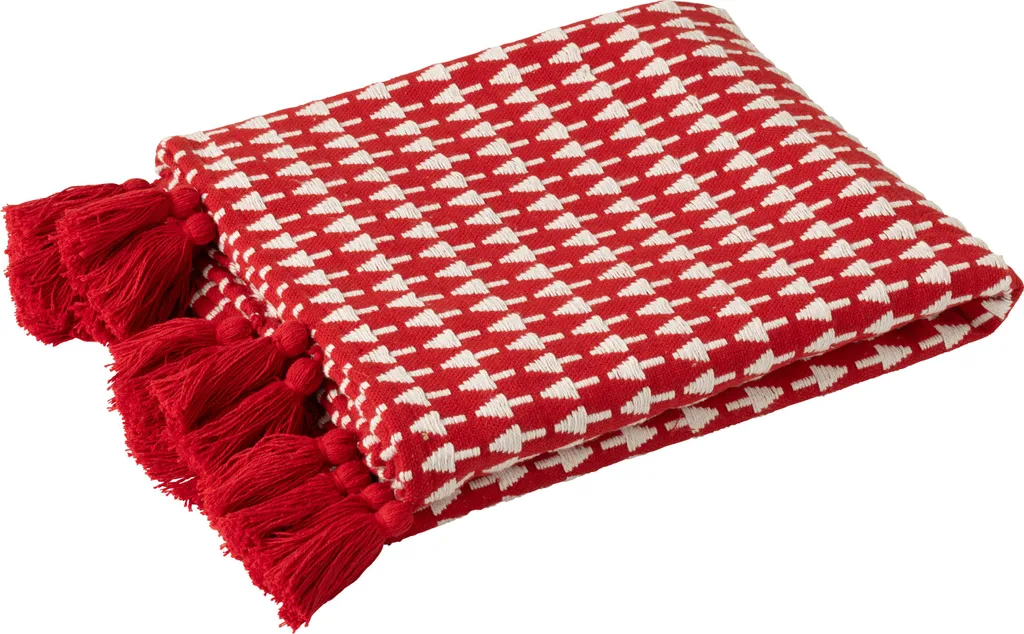 Couverture Noël Coton Rouge J-Line avec Motifs Sapins Blancs