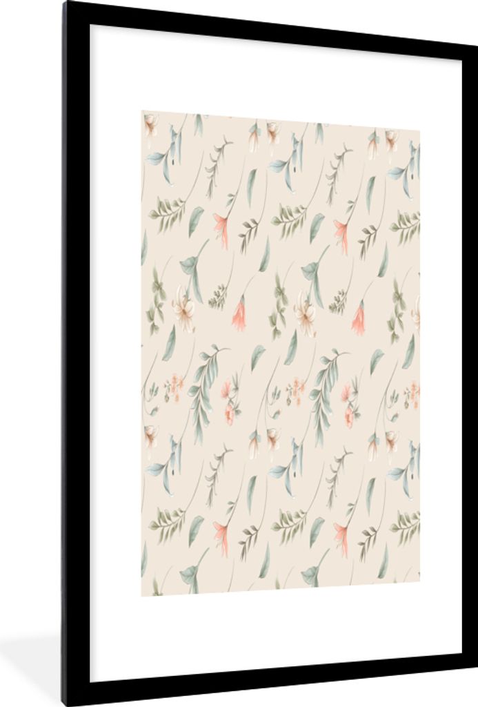 MuchoWow MuchoWow Gerahmtes Poster Blumen - Pastell - Muster 60x90 cm - Poster mit zchwarzem Bilderrahmen - Dekoration - Wandposter Wohnzimmer ...
