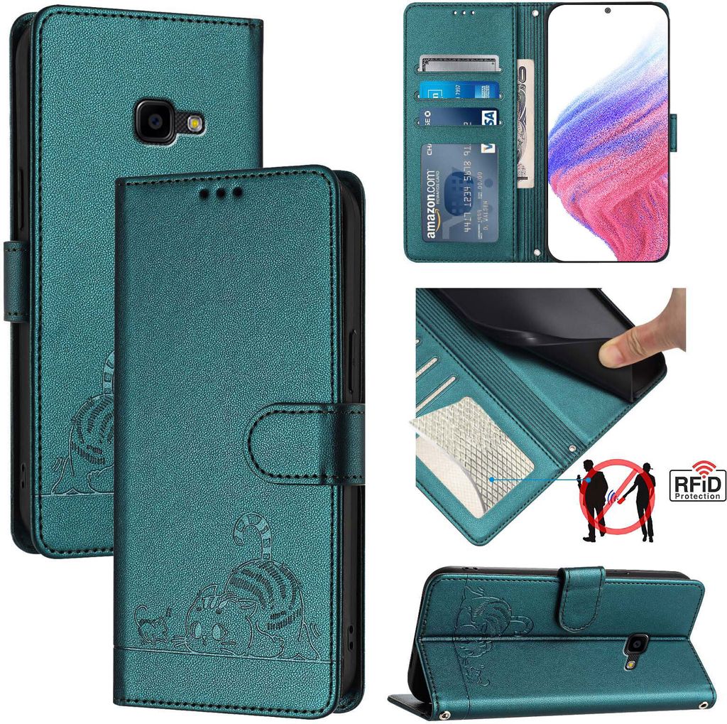Leder Hülle für Samsung Galaxy Xcover 4/Xcover 4s Süße Katze Flip Case Brieftasche Schutzhülle mit Standfunktion Grün