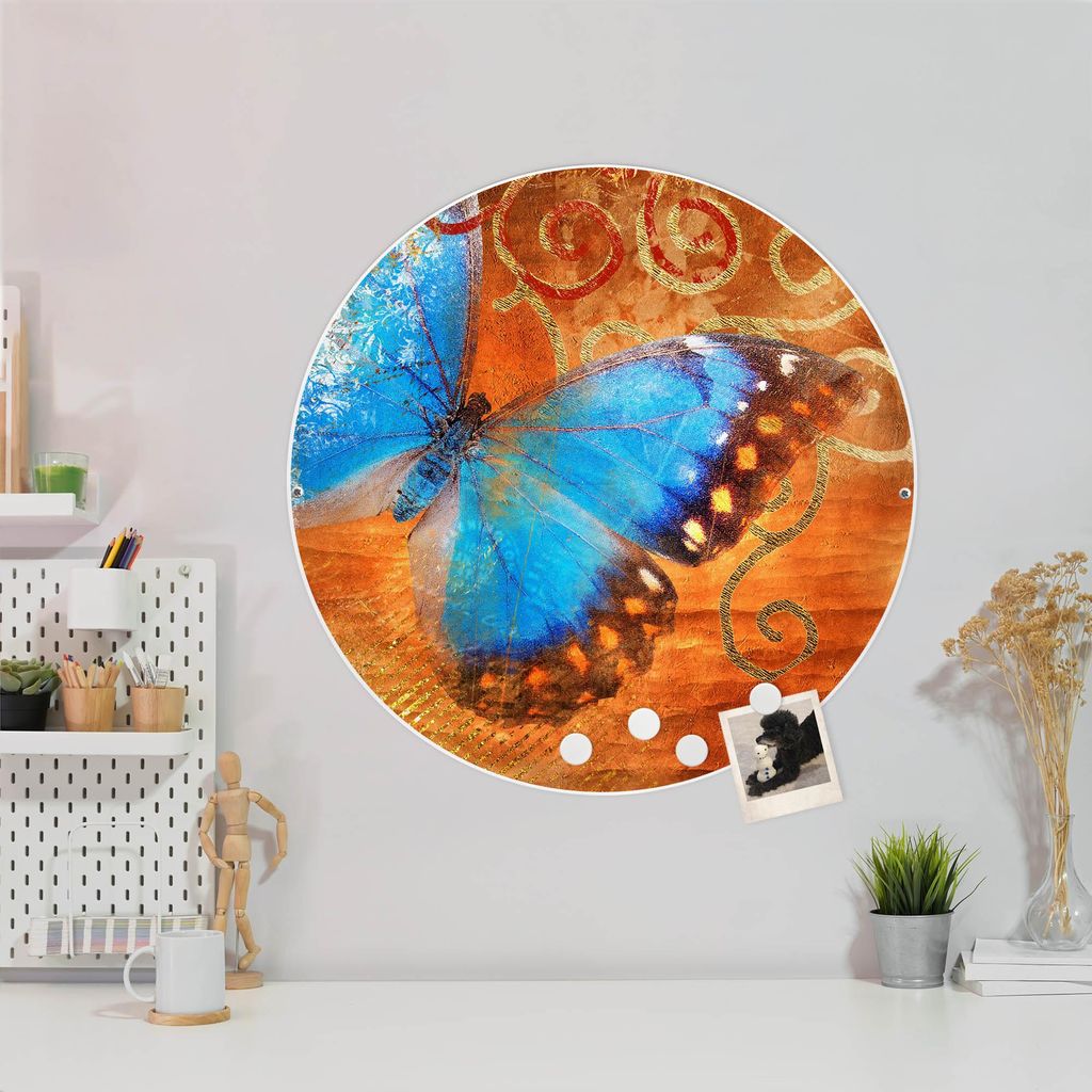Design Stahlmagnettafel Weiß Rund 47cm Schmetterling